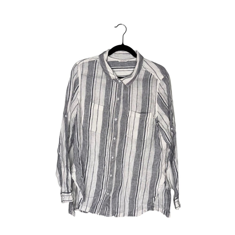 Athleta Linen Button Down Women L Blue White Excellent Striped Roll Tab Sleeve